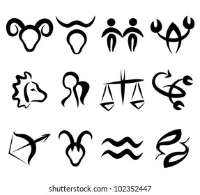 set of zodiac signs, stylized icons in simple black lines