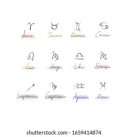 Set of zodiac signs symbols. Hand-drawn and calligraphic elements. Vector