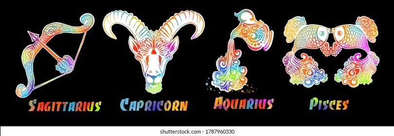 Un conjunto de signos de zodiaco. Impresión de camisetas. Símbolo de tatuaje. Medios mixtos. Objetos multicolores. Elementos de agua, tierra, fuego y aire. Ilustración del vector