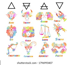 A set of zodiac signs. T-shirt print. Symbol for tattoo. Mixed media. Multi-colored objects. Vector illustration