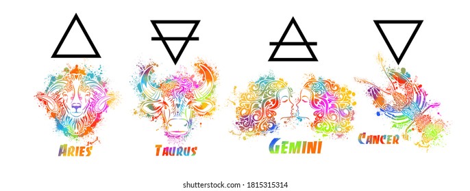A set of zodiac signs. T-shirt print. Symbol for tattoo. Mixed media. Multi-colored objects. Elements of water, earth, fire and air. Vector illustration