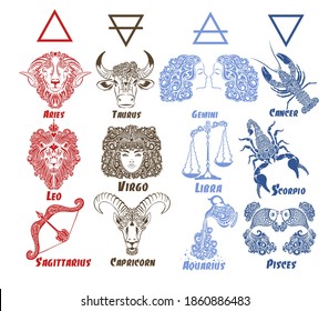 A set of zodiac signs. T-shirt print. Symbol for tattoo. Elements of water, earth, fire and air. Vector illustration