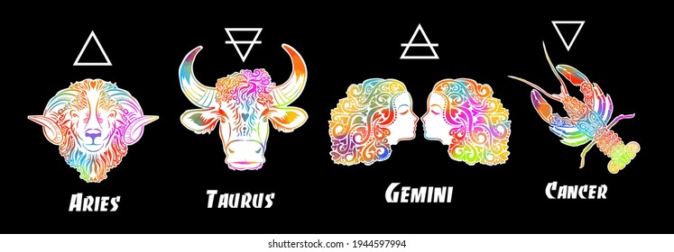 A set of zodiac signs. T-shirt print. Symbol for tattoo. Mixed media. Multi-colored objects. Elements of water, earth, fire and air. Vector illustration