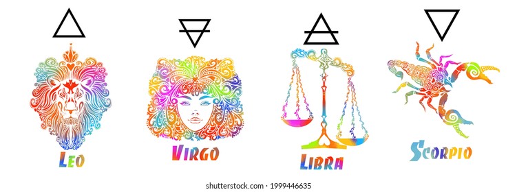 A set of zodiac signs. T-shirt print. Symbol for tattoo. Mixed media. Multi-colored objects. Elements of water, earth, fire and air. Vector illustration