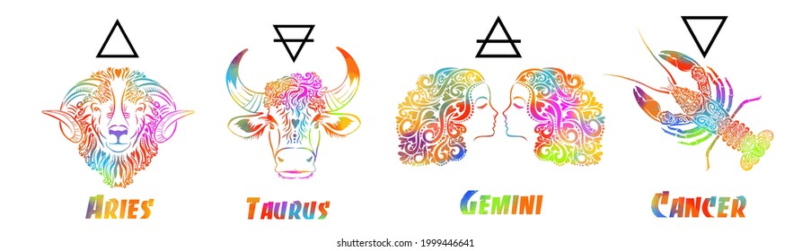 A set of zodiac signs. T-shirt print. Symbol for tattoo. Mixed media. Multi-colored objects. Elements of water, earth, fire and air. Vector illustration