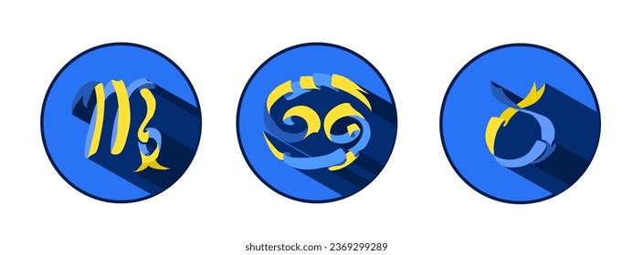 Set of zodiac signs Virgo, Cancer, Taurus. Traditional national Ukrainian colors are blue and yellow. Decorative composition. Horoscope logo.