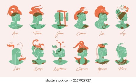 Conjunto de signos de zodiaco con mujeres. Ilustración vectorial con superposición. Doce signos astronómicos de zodiaco por mes. Colección de elementos astrológicos aislados.