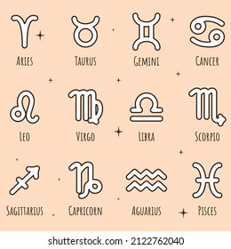 Reihe von zodiakischen Zeichen, zodiac-Zeichensatz, zodiac-Zeichen-Symbole gesetzt im Boho-Stil, trendy Vektorgrafik, zodiac-Vektorgrafik, Astrologie, Baries, Leo, Gemini, Taurus, Scorpio, Aquarius, Pisces