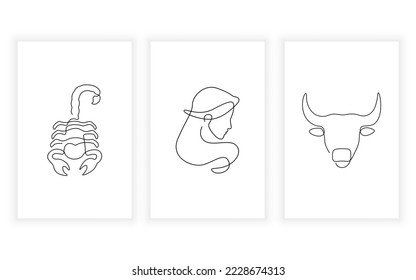 set of zodiac symbol line art and continuous line minimalist concept.