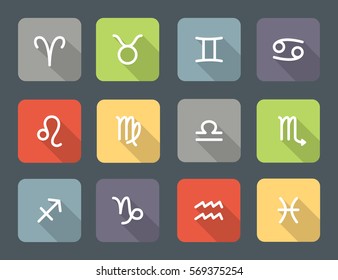 Set of zodiac symbols, colored icons with shadow on the dark gray background