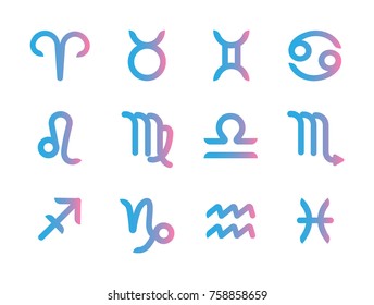 Set of zodiac symbols, flat icons on the white background. Zodiac signs set isolated on white background. Star signs for astrology horoscope. Zodiac line stylized symbols. Astrological calendar.