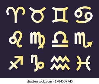 Set of zodiac symbols, gold icons. Horoscope. Aries, Taurus, Gemini, Cancer, Leo, Virgo, Libra, Scorpio, Sagittarius, Capricorn, Aquarius, Pisces. Vector illustration