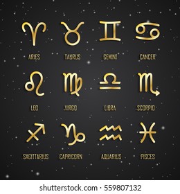 Set of zodiac symbols, gold icons with shadow on the background of black starry sky