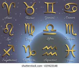 Set of zodiac symbols, gold icons with shadow on the sky background