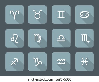 Set of zodiac symbols, gray blue icons with shadow on the gray background