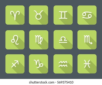 Set of zodiac symbols, green icons with shadow on the dark gray background