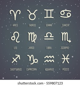 Set of zodiac symbols, icons with shadow on the background of gray starry sky