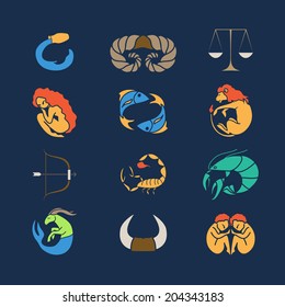Set of zodiac symbols on blue background. Vector illustration