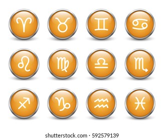 Set of zodiac symbols, orange buttons with metal frame and shadow