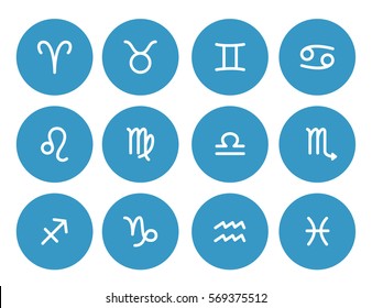 Set of zodiac symbols, round blue icons on the white background