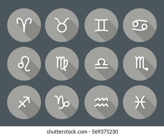 Set of zodiac symbols, round gray icons with shadow on the dark gray background