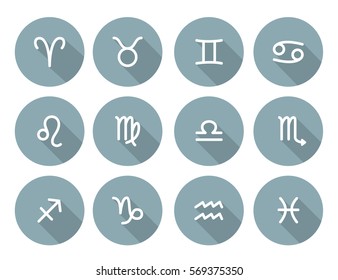 Set of zodiac symbols, round gray blue icons with shadow on the white background