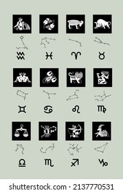 Set of zodiac symbols, signs and constellations in black and white. Vector illustration