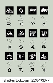 Set of zodiac symbols, signs and constellations in black and white. Vector illustration