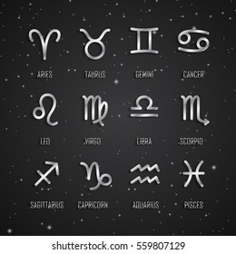 Set of zodiac symbols, silver icons with shadow on the background of black starry sky