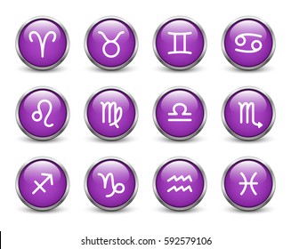 Set of zodiac symbols, violet buttons with metal frame and shadow