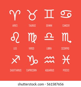 Set of zodiac symbols, white flat icons on the red background