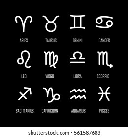 Set of zodiac symbols, white flat icons on the black background