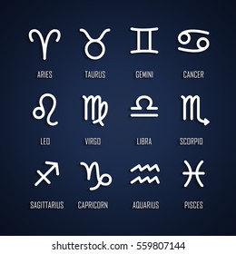 Set of zodiac symbols, white icons with shadow on the dark blue background