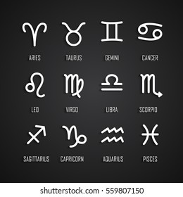 Set of zodiac symbols, white icons with shadow on the black background