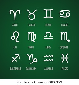 Set of zodiac symbols, white icons with shadow on the green background