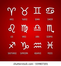 Set of zodiac symbols, white icons with shadow on the red background