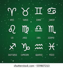 Set of zodiac symbols, white icons with shadow on the background of green starry sky