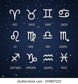 Set of zodiac symbols, white icons with shadow on the background of dark blue starry sky