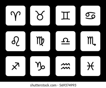 Set of zodiac symbols, white icons with shadow on the black background