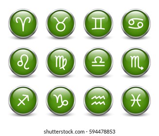 Set of zodiac symbols,green  buttons with metal frame and shadow
