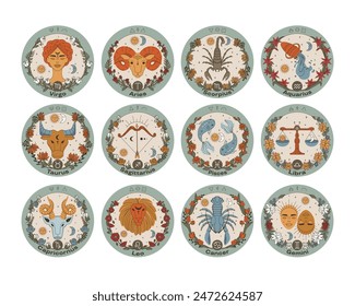 Set of zodiac vector illustrations. Flat style. Vintage color. Horoscope, astrology, magic.