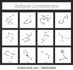 Set zodiacal constellations in square, white background, realistic. Collection of horoscope symbols. Vector illustration of ancient magic images