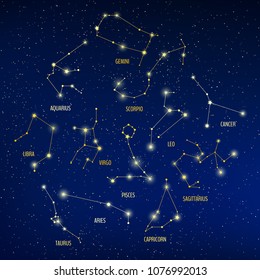 Set of zodiacal signs constellations on dark night sky. Vector illustration for your graphic design.