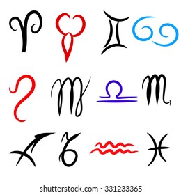 Set of zodiacs signs painted by hand.  Astrology grunge color collection.