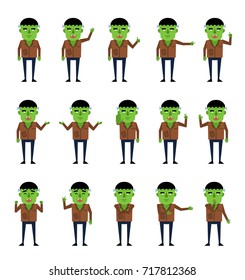 Set of zombie characters showing various hand gestures. Funny halloween character pointing, greeting, showing thumb up and other gestures. Flat vector illustration