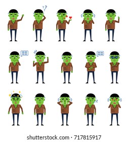 Set of zombie characters showing various emotions. Funny halloween character laughing, crying, surprised, angry and showing other expressions. Flat vector illustration