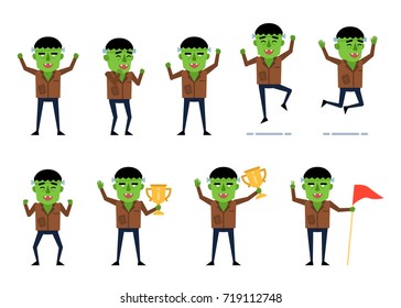 Set of zombie characters showing various success poses. Funny halloween character celebrating, jumping, holding golden cup and showing other actions. Flat vector illustration