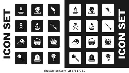 Set Zombie finger, Bottle with potion, Skull crossbones, Burning candle, Magic wand, mask, Halloween witch cauldron and Moon stars icon. Vector