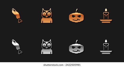 Set Zombie finger, Owl bird, Pumpkin and Burning candle icon. Vector