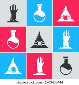 Set Zombie hand , Bottle with potion  and Witch hat  icon. Vector